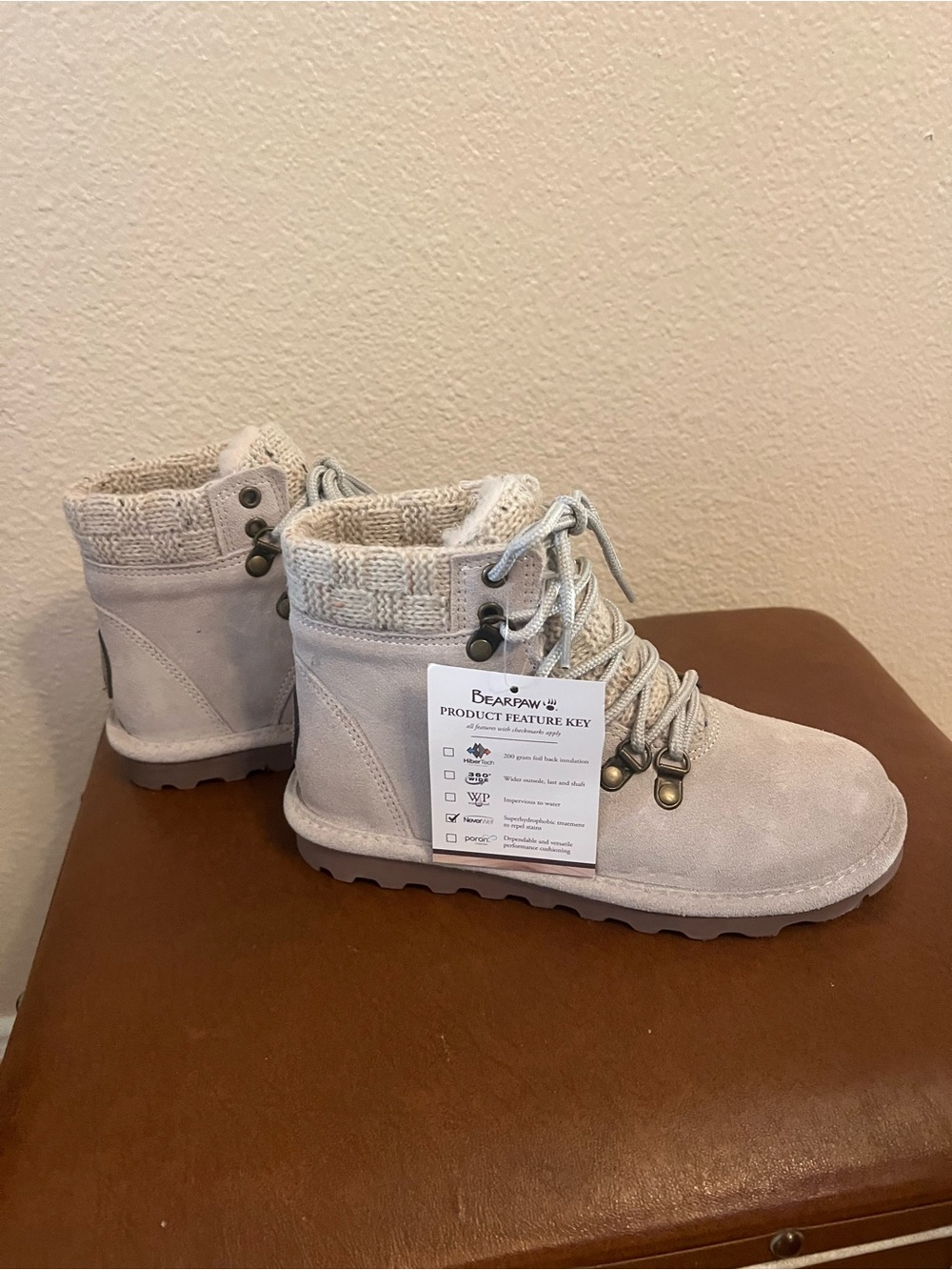 BearPaw Light Cream Knit Cuff Lace-Up Boots, NWT